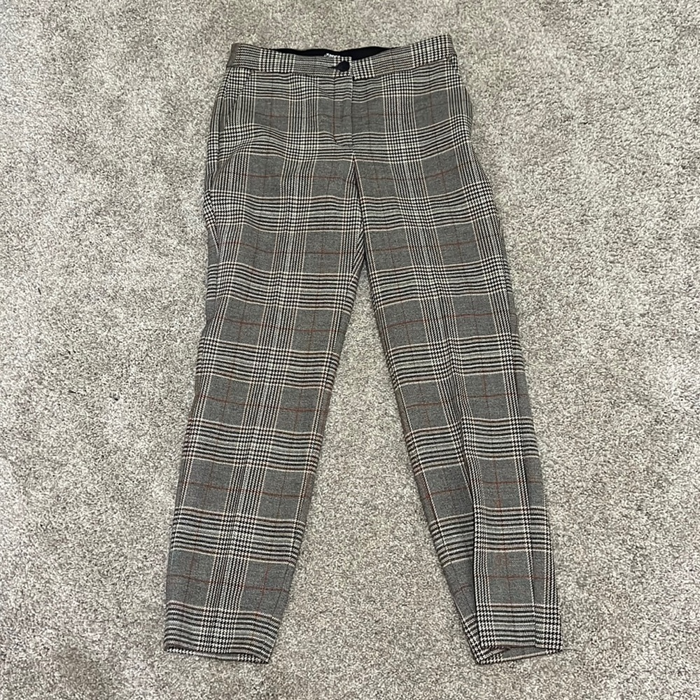 Size 4, express, burnt orange, black, brown, and cream dress pants